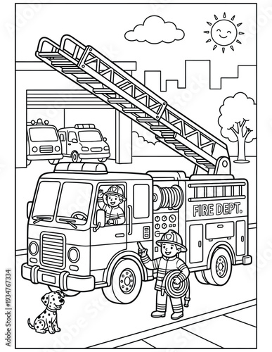 Fire Truck Coloring Page – Emergency Rescue Vehicle Printable Line Art for Kids