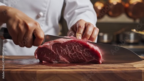 Wallpaper Mural A chef's hands expertly carve a marbled raw steak on a wooden cutting board Torontodigital.ca