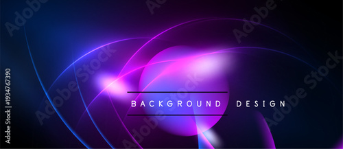 Abstract neon lights create dynamic curves, vibrant purple hues dominate design. Background features text, modern aesthetic.