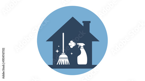 Home cleaning icon with broom and spray bottle