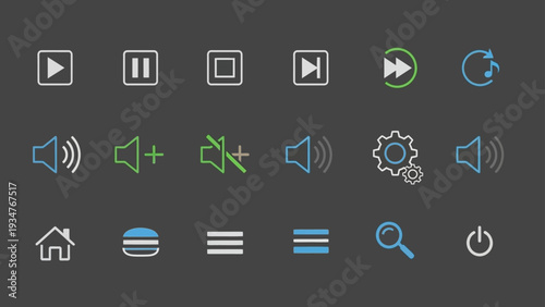Collection of user interface icons for media playback, audio control, and settings.