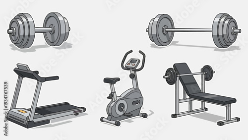 Collection of cartoon gym equipment icons on white background illustration.