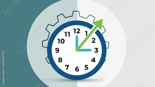 Clock with upward arrow and gear suggests business growth and time management.