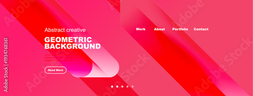 Vibrant pink design features geometric shapes, text overlays, navigation menu. Modern aesthetic suitable for website header or banner.