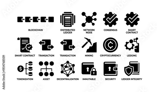 Cryptocurrency and blockchain icons set: blockchain, smart contract, cryptocurrency, tokenization, security