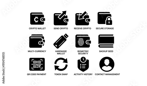 Cryptocurrency wallet icons: secure storage, multi-currency, biometric security