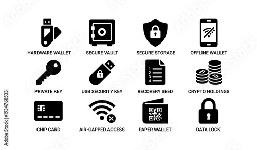 Cryptocurrency security icons: hardware wallets, secure vaults, and digital safeguards