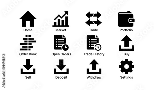 Cryptocurrency trading icons: home, market, trade, portfolio, wallet