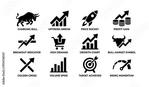Financial growth icons: bull, arrow, rocket, profit, charts, target, ecommerce, momentum