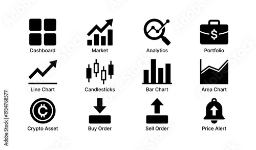 Financial data icons set: charts, analytics, portfolio, crypto assets