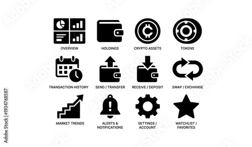 Cryptocurrency management icons: wallet, crypto assets, transactions, market trends