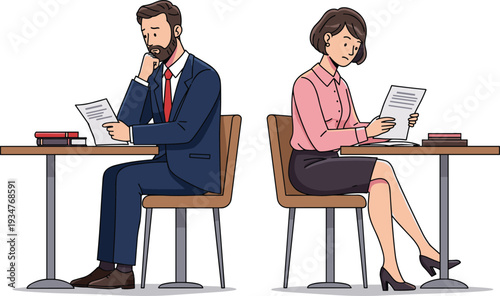 Businessman and businesswoman reviewing documents separately, workplace tension and professional disagreement concept illustration