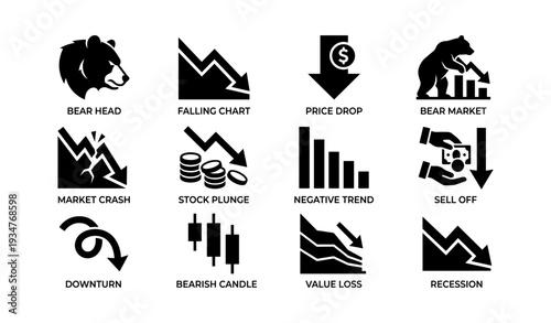 Bear market icons illustrating economic downturn and recession trends