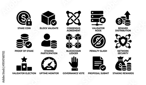 Blockchain icons: consensus, nodes, staking, and security concepts