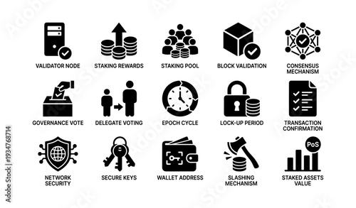 Cryptocurrency concepts icons: staking, security, validation, governance, wallets