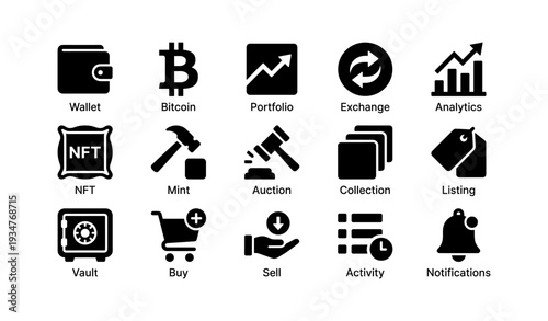 Cryptocurrency icons including wallet, bitcoin, portfolio, auction, and analytics