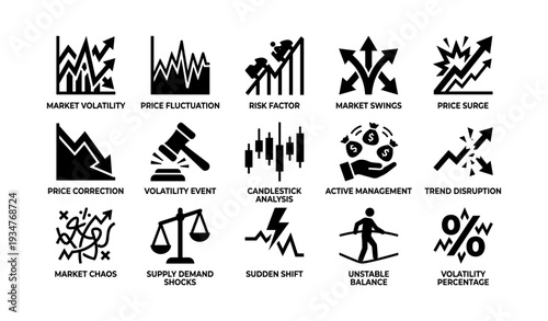 Financial market icons: volatility, swings, risks, and trends analysis