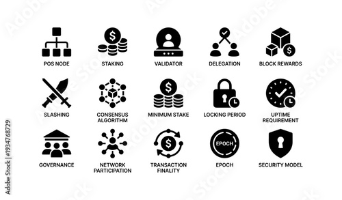 Cryptocurrency icons: staking, validator, governance, security, rewards