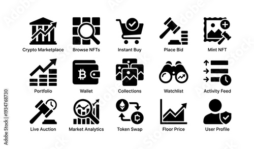 Crypto market icons: buy, sell, and manage digital assets with ease