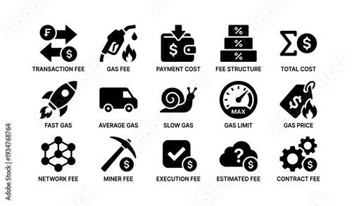 Icons representing various finance and cryptocurrency fees and costs