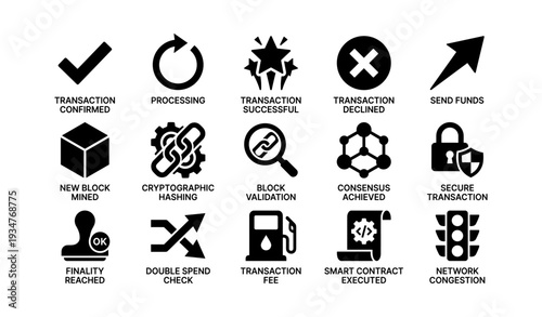 Cryptocurrency transaction icon set featuring blockchain and network security symbols