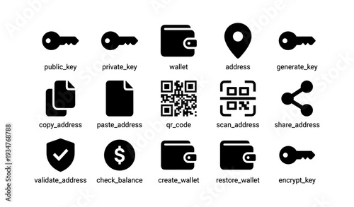Cryptocurrency icons: keys, wallets, addresses, qr code, security symbols