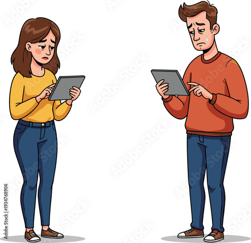 Sad young couple looking at tablets, online relationship problems and digital communication stress concept illustration