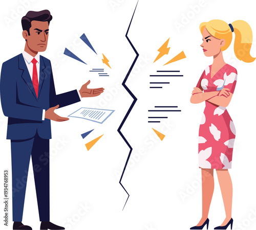 Business man and woman arguing with divided crack background, workplace conflict and communication breakdown concept illustration