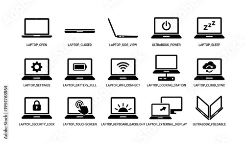 Laptop and ultrabook icons: open, closed, side view, power, sleep, settings, battery, wi-fi, dock, cloud, security, touchscreen, backlight