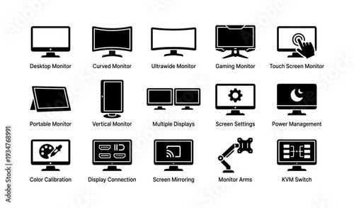 Set of monitor icons: desktop, curved, ultrawide, gaming, touch, and more