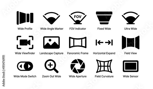 Camera icons for wide angle, fov, landscape, panoramic, and zoom features
