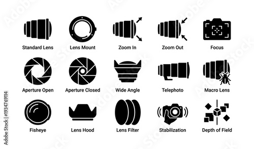 Camera lens icons – aperture, zoom, focus, and more