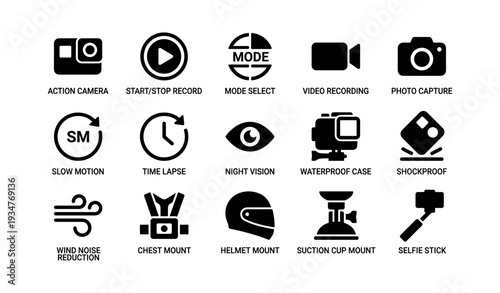 Icons for action camera features: mode, recording, capture, night vision, shockproof