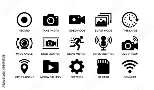 Camera icon set featuring recording, stabilization, and live stream symbols