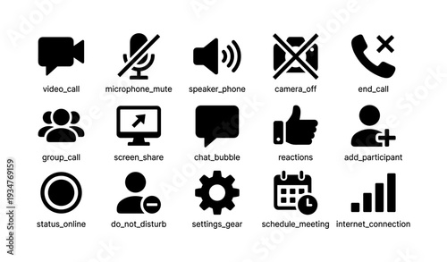 Video call icons: mute, speaker, camera off, end call, online status, settings gear, meeting