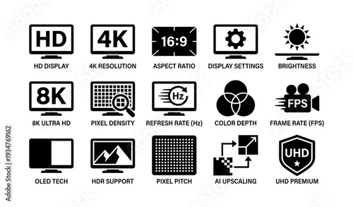 Display settings icons: hd, 4k, aspect ratio, brightness, color depth