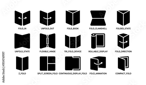 Icons of foldable displays and devices: clamshell, tri-fold, z-fold, rollable, compact