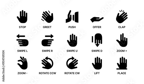 Gesture icon set including stop, greet, push, offer, clap, and swipe directions