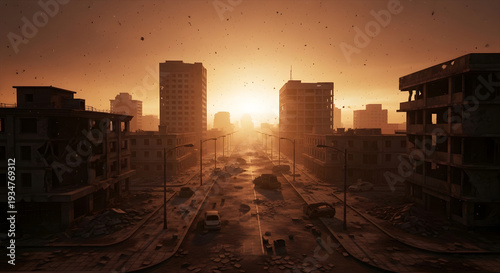 Apocalyptic cityscape at sunset with destroyed buildings and dust particles
