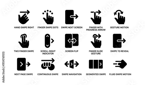 Gesture icons collection: swipe, scroll, and slide symbols for interface design