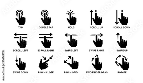 Gesture icons: tap, scroll, swipe, pinch, rotate - touch interaction symbols