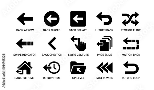 Variety of backward navigation icons for digital interfaces