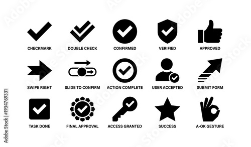Collection of approval and confirmation icons with checkmarks and approval gestures