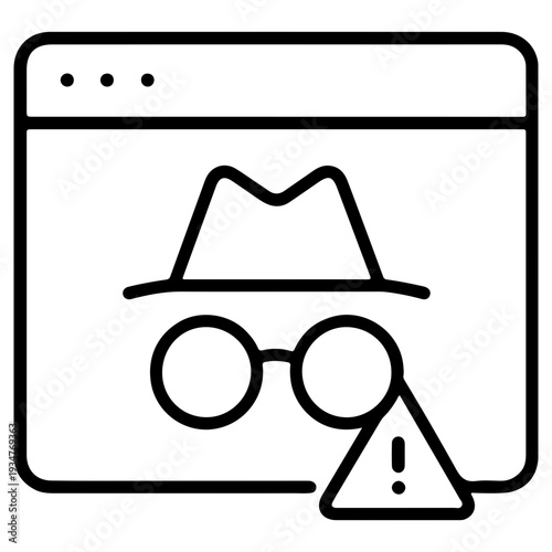 Incognito mode browser window with spy hat and glasses icon and warning sign, concept of private browsing, security, and online anonymity