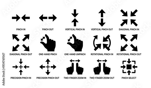 Touchscreen gesture icons: pinch, zoom, rotate, tap, swipe