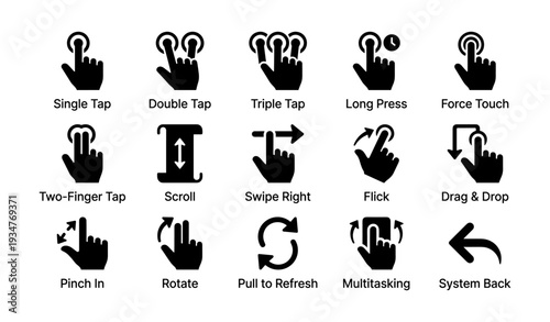 Touch gesture icons set featuring taps, swipes, and presses