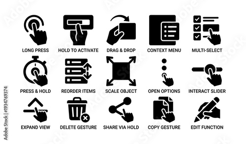 Interactive gesture icons: long press, drag, drop, scale, edit, interact, delete