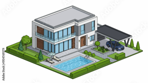 Modern house with swimming pool and car in the driveway illustration