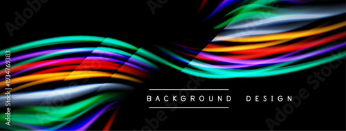 Abstract colorful waves flow across black background. Modern design elements create dynamic visual impact. Simple text labels bottom center.
