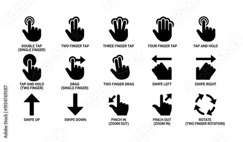 Touchscreen gesture icons: tap, swipe, pinch, rotate, and drag symbols